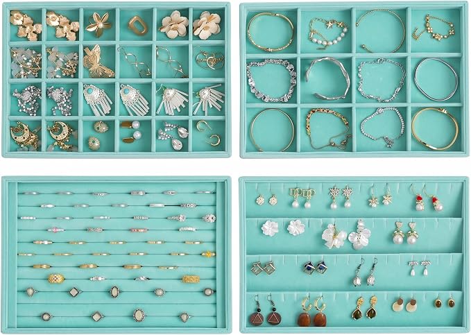 Frebeauty Jewelry Trays for Drawer,Set of 4 Jewelry Organizer and Storage | Velvet Material,Stackable,Adjustable Dividers,Drawer Inserts for Rings Studs Bracelet,Earring Organizer for Women Girls