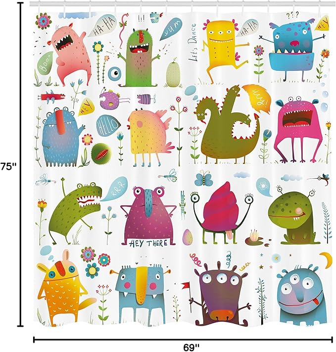 Ambesonne Funny Shower Curtain, Cartoon Monsters Design Let's Dance Boho Groovy Fun Creatures in Garden, Cloth Fabric Bathroom Decor Set with Hooks, 69" W x 75" L, Green Blue