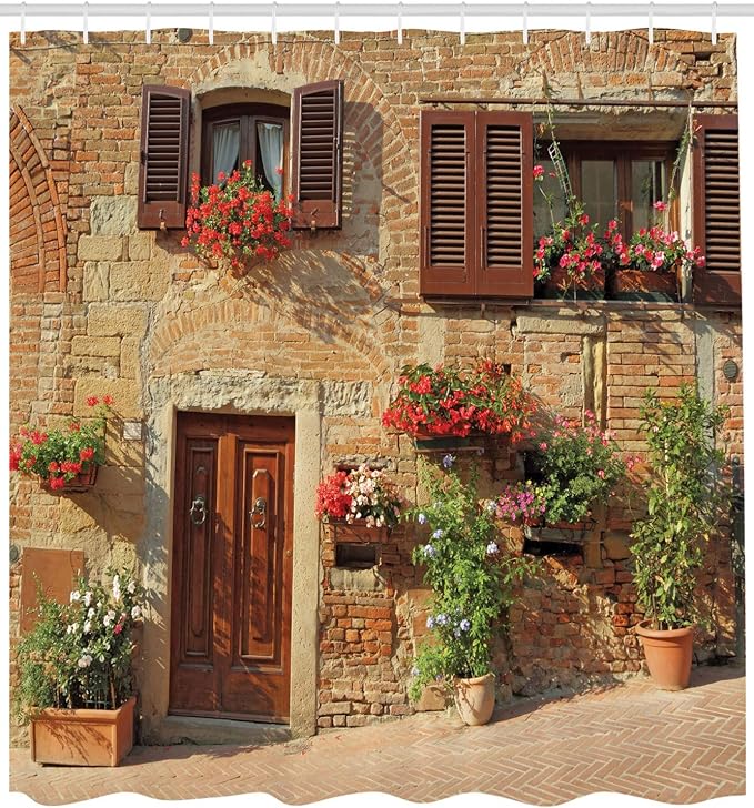 Ambesonne Tuscan Shower Curtain, Picturesque Lane with Mediterranean Architecture Flowers Italian Town, Cloth Fabric Bathroom Decor Set with Hooks, 69" W x 84" L, Brown Burgundy