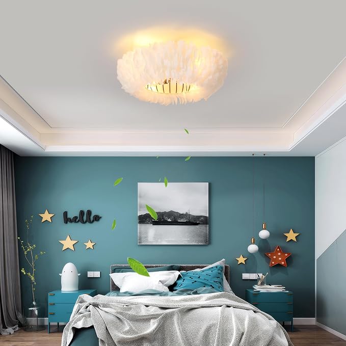 20" Modern Ceiling Fans with Lights and Remote Control，White Feather Chandeliers Stylish Low Profile Ceiling Fan for Bedroom, Living Room and Small Spaces,Featuring Reversible Motor, 6 Speeds