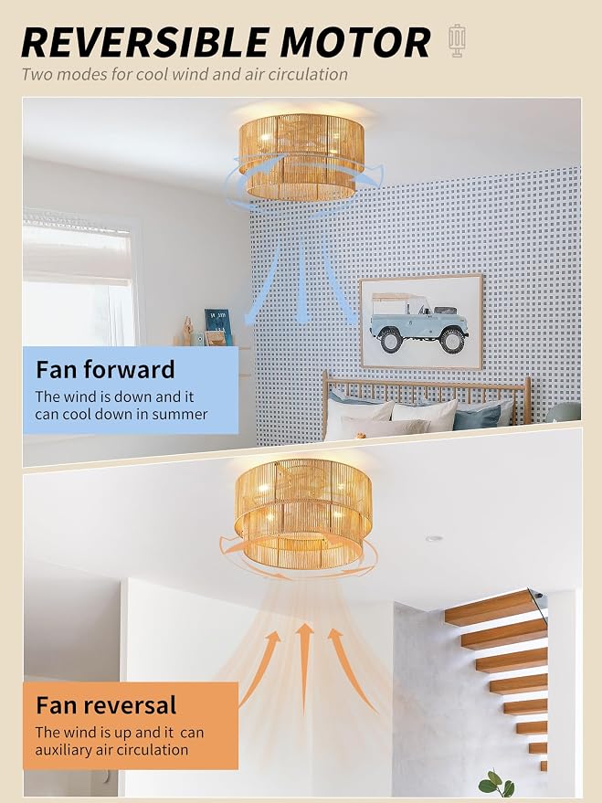 SYDACG Flush Mount Ceiling Fan with Lights Low Profile, 20" Rattan Boho Ceiling Fan with Light Remote Control, Bladeless Caged with 6 Speeds for Bedroom, Living Room, Nursery