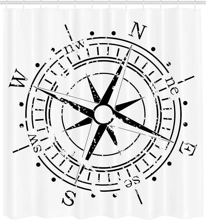 Ambesonne Compass Shower Curtain, Monochrome Windrose Simplistic Design Direction Navigation Prehistoric, Cloth Fabric Bathroom Decor Set with Hooks, 69" W x 84" L, Charcoal Grey and White