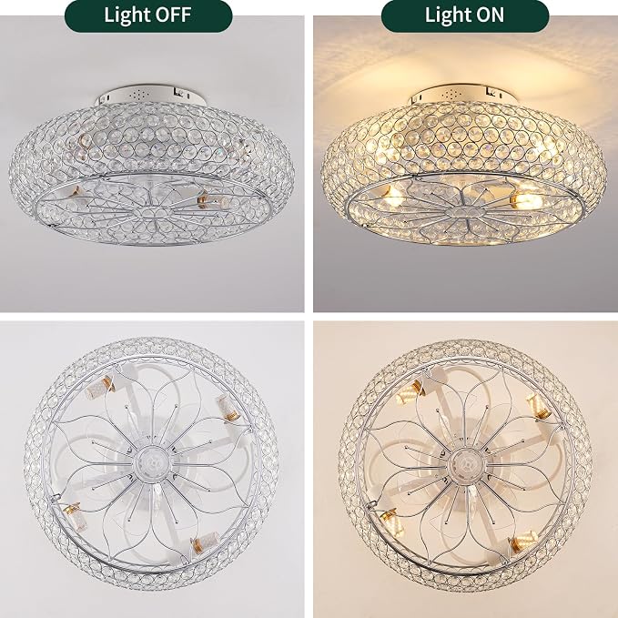 Caged Crystal Ceiling Fans with Lights and Remote,20" Flush Mount Low Profile Ceiling Fan with Light,6 Speed Enclosed Ceiling Fan with Reversible Motor for Bedroom Living Room|(4 E26 Bulbs Included)