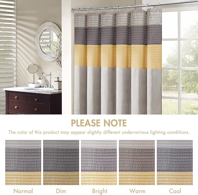 Madison Park Amherst Bathroom Shower Curtain Faux Silk Pieced Striped Modern Microfiber Bath Curtains, 72x72 Inches, Yellow