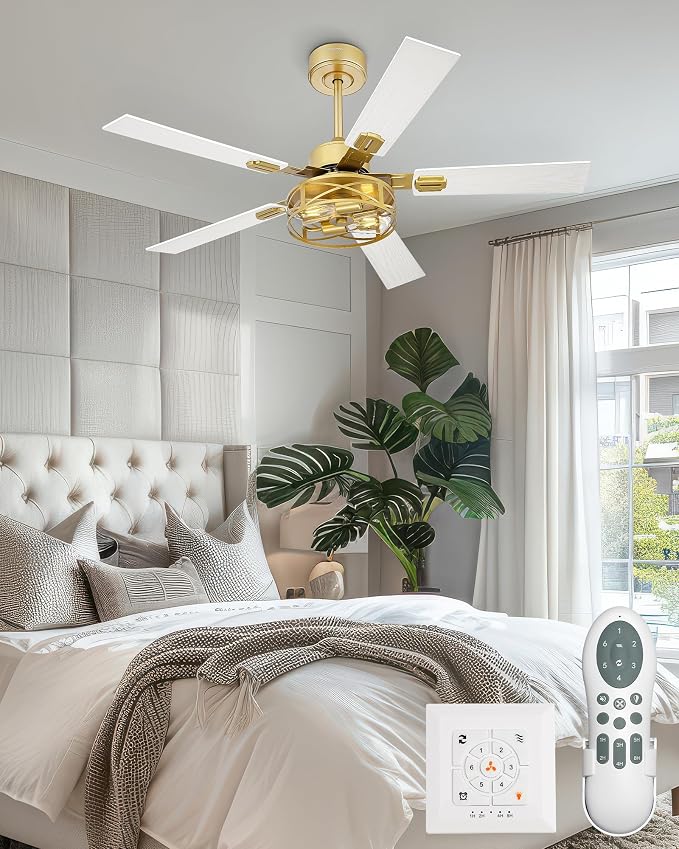 YOUKAIN 48 Inch Ceiling Fans with Lights, Farmhouse Ceiling Fans with Wall Switch and Remote Control, 5-Reversible, Gold Finish, Outdoor Ceiling Fan for Cover Patio, 48-YJ632-GDW-WS