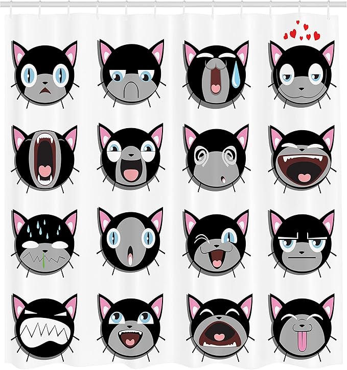 Ambesonne Cat Shower Curtain, Group of Kitten Faces Bored Angry Confused Depression Shouting Emotions, Cloth Fabric Bathroom Decor Set with Hooks, 69" W x 70" L, White Black