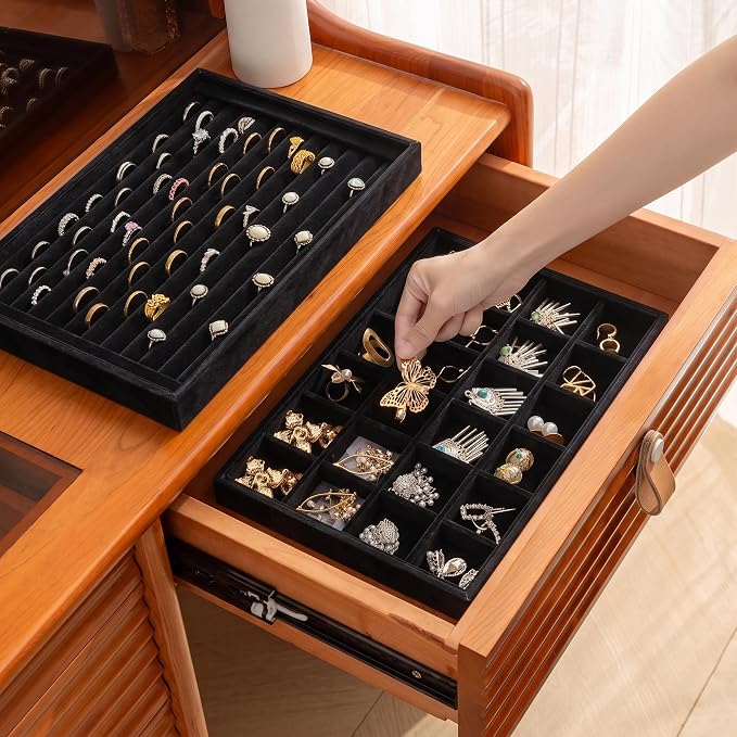 Frebeauty Jewelry Trays for Drawer,Set of 4 Jewelry Organizer and Storage | Velvet Material,Stackable,Adjustable Dividers,Drawer Inserts for Rings Studs Bracelet,Earring Organizer for Women Girls