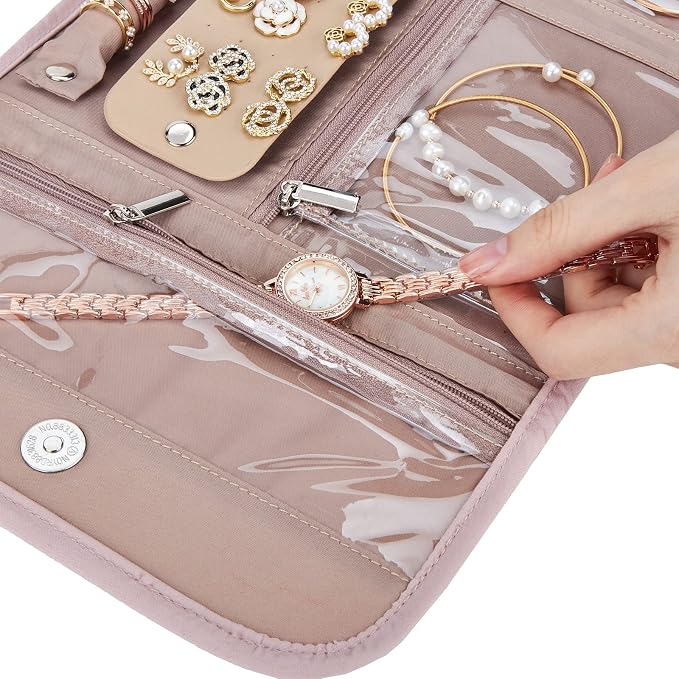 BELALIFE Travel Jewelry Case, Jewelry Organizer Roll for Accessories | Bag with foldable roll design for earrings, necklaces, rings, bracelets and brooches,Pink