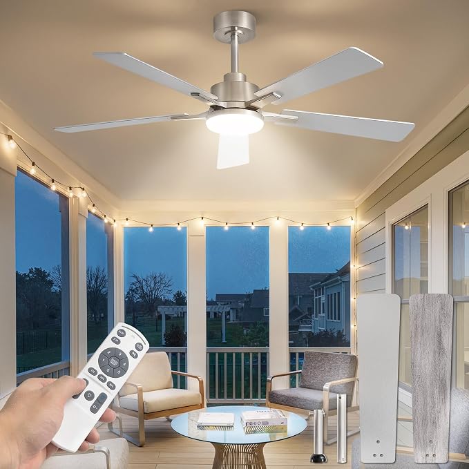 52 Inch Ceiling Fan with Light and Remote, 6 Speeds Reversible DC Motor Ceiling Fans for Bedroom Living Room Patio, 3CCT Dimmable LED, 5 Wood Blades, Downrod Mount, Sloped Ceiling Compatible