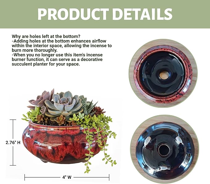 Incense Burner with Calabash Incense Stick Holder - Porcelain Charcoal Censer for Use with Resin Granular Powder Cone or Coil Incense (Fambe Red)