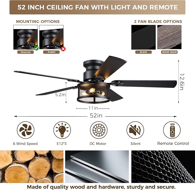 JSAITEE 52in Flush Mount Farmhouse Ceiling Fan with Lights, Caged | Low Profile Fan Light with E12 Base(Bulbs Not Included), 6 Speeds Adjustable&Timer, Rustic Lighting Fan for Indoor/Outdoor
