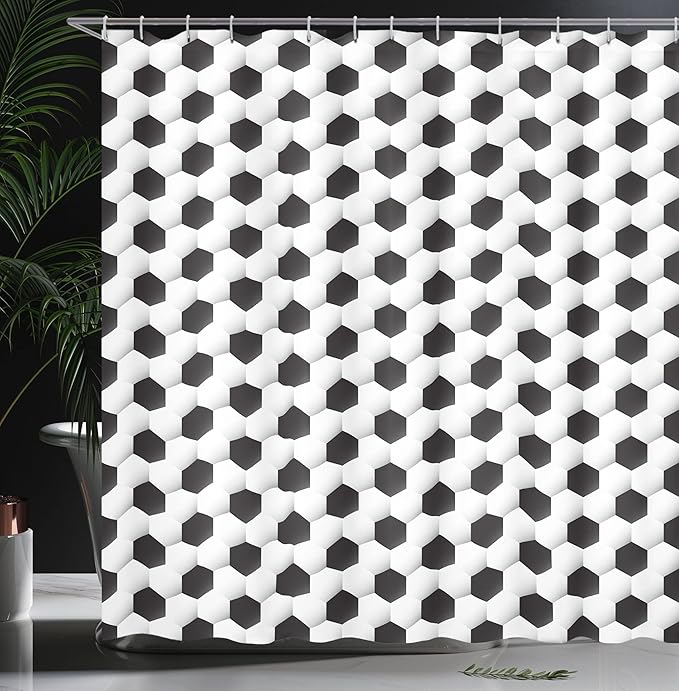 Ambesonne Sports Shower Curtain, Soccer Ball Vivid Pattern Athletic Sport Themed Geometrical Modern Design, Cloth Fabric Bathroom Decor Set with Hooks, 69" W X 75" L, White Grey