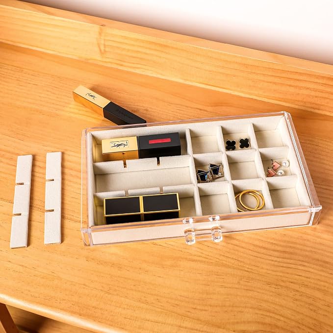 Frebeauty Acrylic Jewelry Box for Earring,Jewelry Organizer with 5 Drawers | 61 Jewelry Storage Grid for Rings Stud Bracelet,Transparent Appearance,Earring Holder Organizer for Women,Velvet Lining
