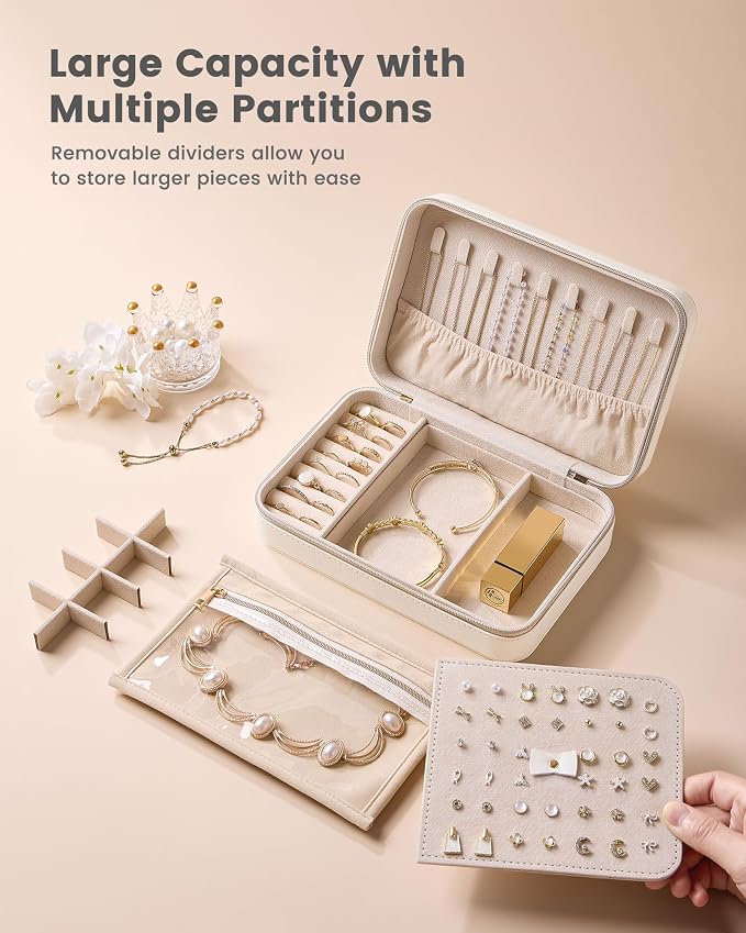 Lolalet Travel Jewelry Case for Women Girls, PU Leather Jewelry Organizer with Clear Storage Bag Small Portable Jewelry Box for Necklace Bracelet Earring Ring Birthday Bridesmaid Gifts -Large/Beige
