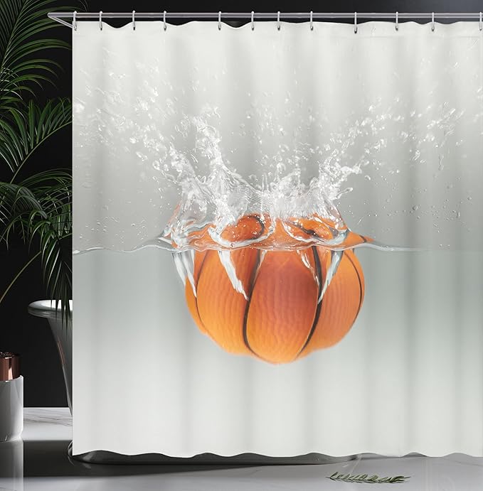 Ambesonne Sports Shower Curtain, Falling Basketball into The Water Leisure National American Activity Entertaining Hobby Print, Cloth Fabric Bathroom Decor Set with Hooks, 69" W x 84" L, Orange Beige