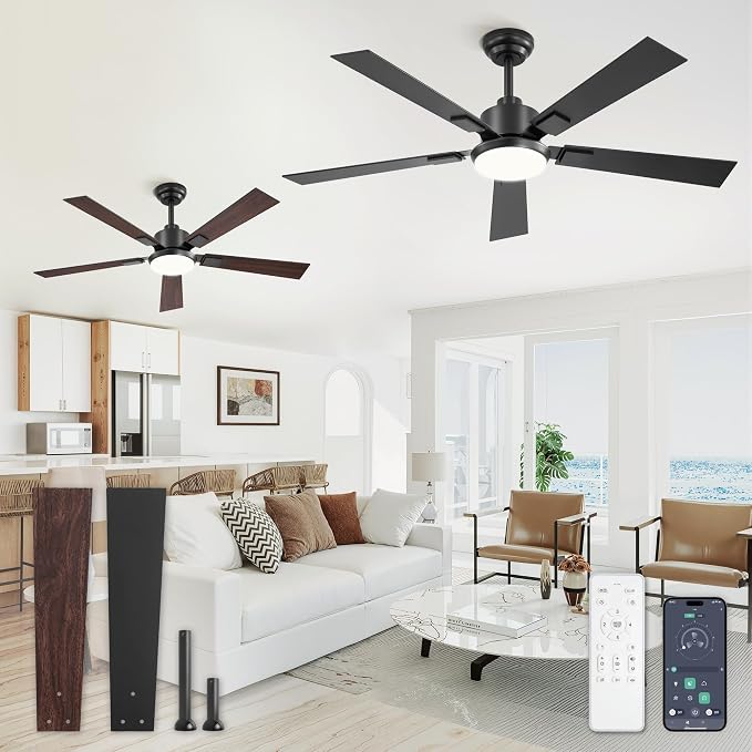 2 Pack 52 Inch Ceiling Fans with Lights and Remote&APP Control, Black Smart Ceiling Fan with 3000-6000K Dimmable, 6 Speeds Reversible, Indoor/Outdoor Ceiling Fan for Bedroom Living Room