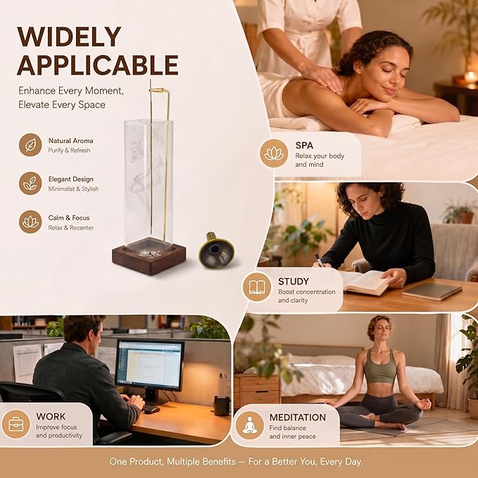 Glass Incense Holder, Hanging Incense Stick Burner with Ash Catcher, 2 in 1 Backflow Cone Holder on Wooden Base, Anti-Ash Zen Decor for Meditation, Yoga（Square）
