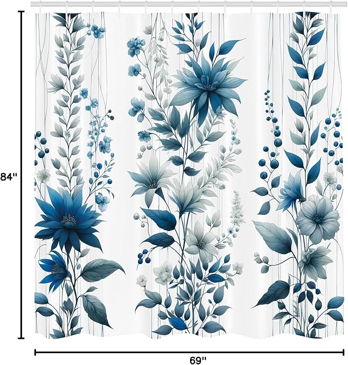 Ambesonne Blue Shower Curtain, Flowers Berry Branches and Leaves as Vertical Lines Cold Colored Garden, Cloth Fabric Bathroom Decor Set with Hooks, 69" W x 84" L, Slate Blue and Sea Blue
