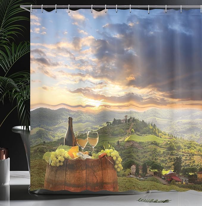 Ambesonne Winery Shower Curtain, Vineyard in Chianti Tuscany Italy Autumn Sunrise Dramatic Clouds, Cloth Fabric Bathroom Decor Set with Hooks, 69" W x 84" L, Lime Green