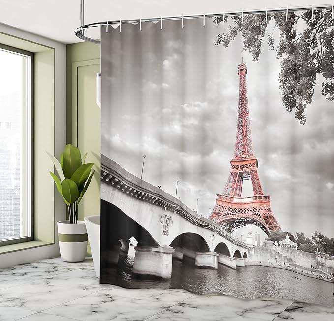 Ambesonne Paris Shower Curtain, Eiffel Tower Bridge Capital City Cloudscape Monochrome Style Picture Print, Cloth Fabric Bathroom Decor Set with Hooks, 69" W x 84" L, Dimgray Salmon