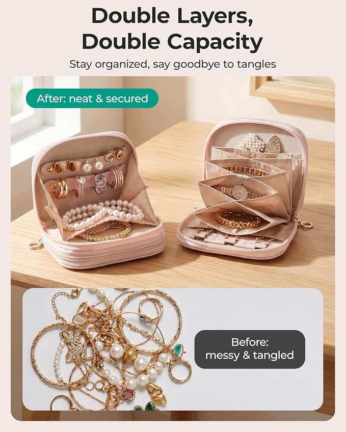 BAGSMART Travel Jewelry Case, Leather 2-Zip for Rings Necklaces | 2 zippered pockets, removable inner pocket, 3 tangle-free clips, 3 elastic pockets, 2 leather snap straps for rings/earrings