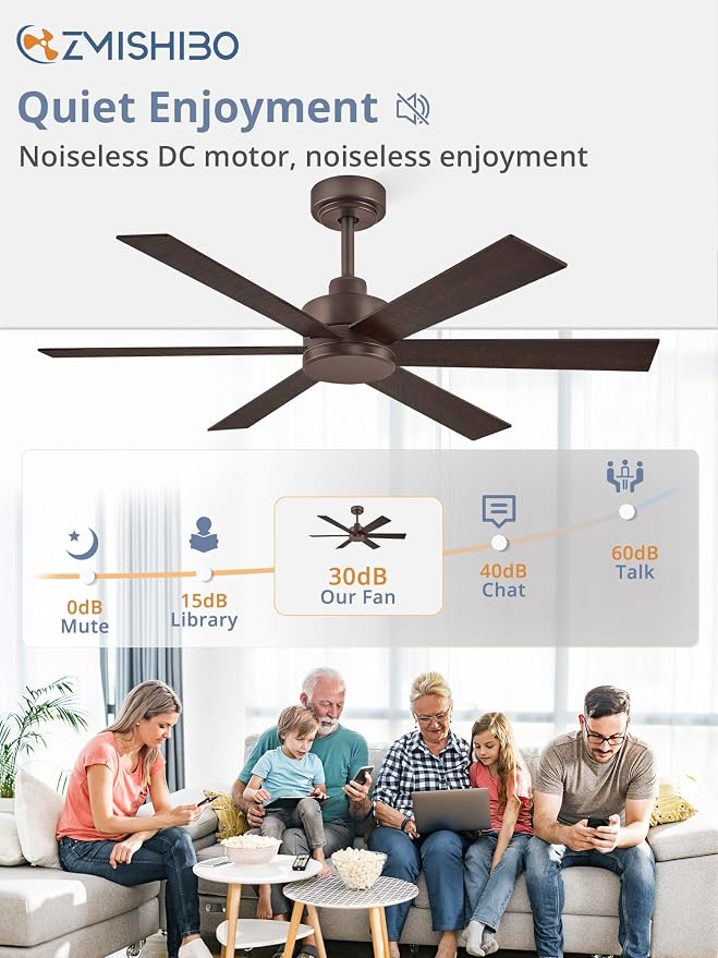 ZMISHIBO 48 Inch Ceiling Fans Without Lights, Farmhouse Ceiling Fan, 6 Blades, Quiet Reversible DC Motor, 6-Speeds, Brown Ceiling Fan With Remote for Living Room, Bedroom, Garage, Indoor/Outdoor Use