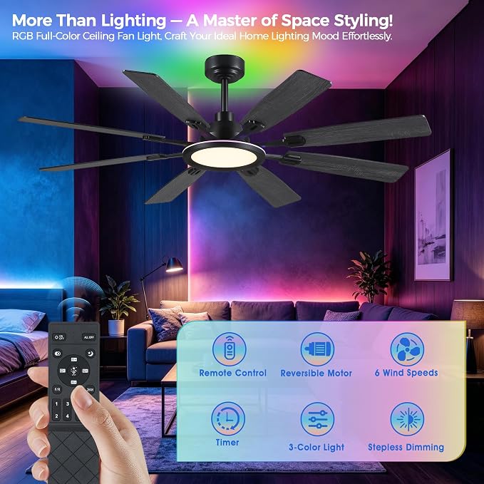 Ceiling Fan With Light & Remote Indoor/Outdoor Use 60 Inch RGB Black | Remote Control,RGB Dimmable,Reversible DC Motor,3CCT,Timer,Noiseless,Ceiling Fan for Bedroom Living Room