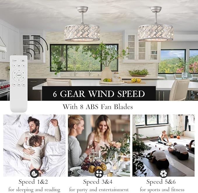 CATINER 18.5" Crystal Caged Bladeless Ceiling Fan with Light, Remote Control, Silent 6-Speed Reversible Motor – Modern Enclosed Ceiling Fan for Bedroom, Kitchen, Living Room (Silver)