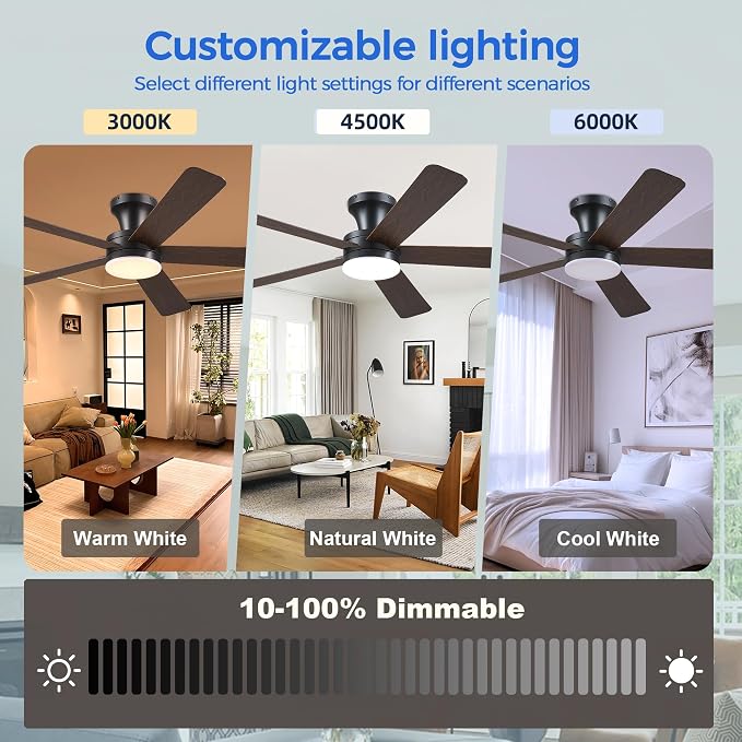 Ayaoty 46" Ceiling Fans with Lights and Remote - Flush Mount Ceiling Fan Light with ABS Blades and 3CCT Dimmable, Reversible, Low Profile Fan Light for Indoor Modern Bedroom, Kitchen, Brown