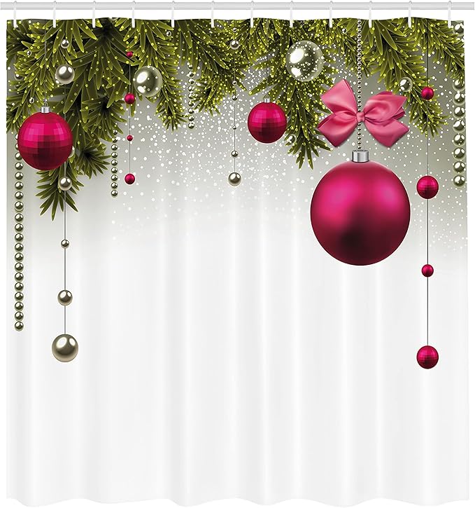 Ambesonne Christmas Shower Curtain, Vivid Fir Twigs and Magenta Balls Framework Special Day Preparation, Cloth Fabric Bathroom Decor Set with Hooks, 69" W x 75" L, Magenta Olive Green Grey
