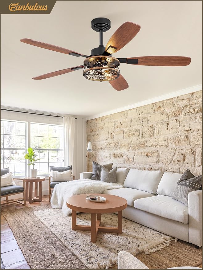 52 Inch Farmhouse Ceiling Fan with Light and Remote, Black Industrial Caged Flush Mount Ceiling Fans with 6 Speed Reversible Motor and Dual Finish 5 Blades, Rustic Ceiling Fan for Living room, Bedroom