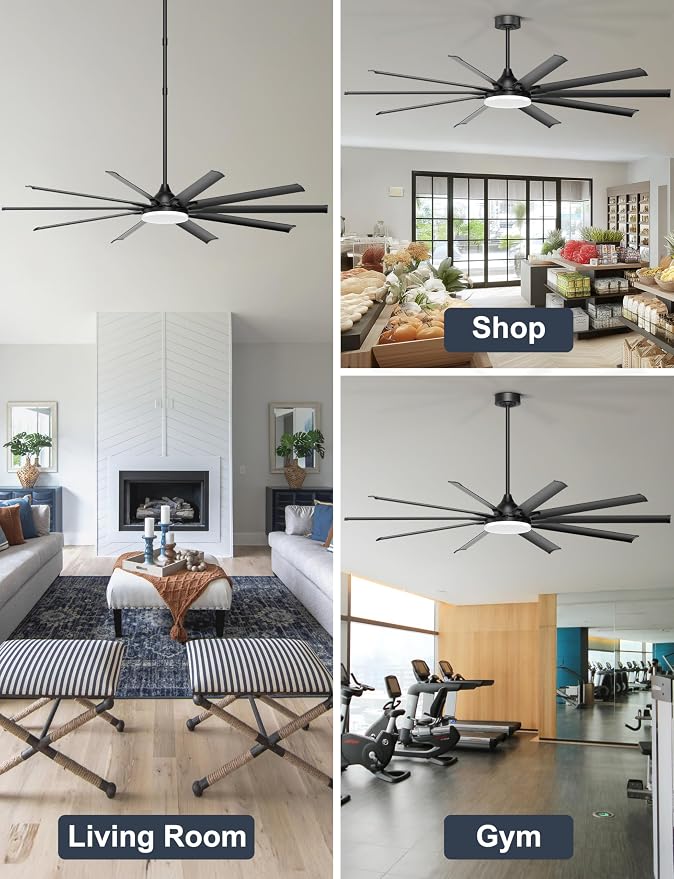 Ohniyou 96" Industrial Ceiling Fan with Bright Lights, High CFM Shop Fan | Remote/App Control, 10 Aluminum Blades, Extra Large Metal Fan for Covered Patio, Gym, Warehouse, Black
