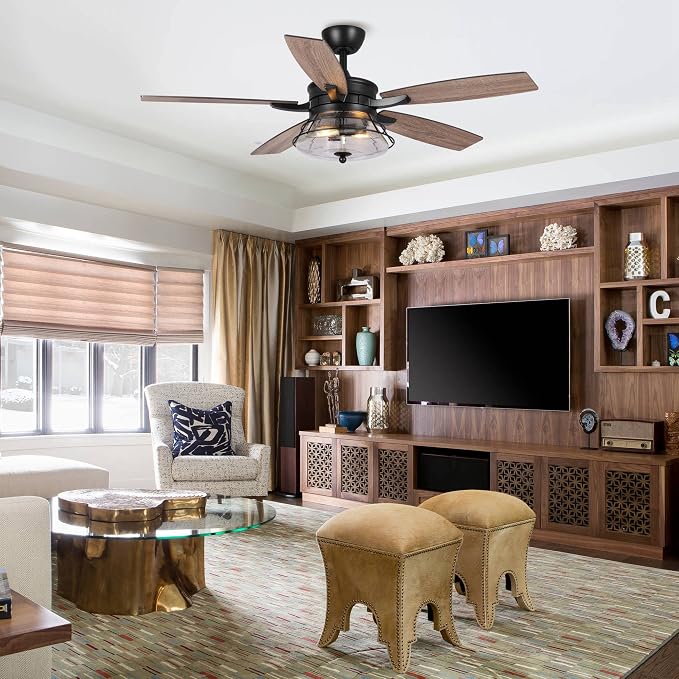52 Inch Farmhouse Ceiling Fans with Lights and Remote Control - 3-Speed Reversible Motor, Retro Style Indoor/Outdoor Ceiling Fan with 5 Blades for Home Living Room Bedroom