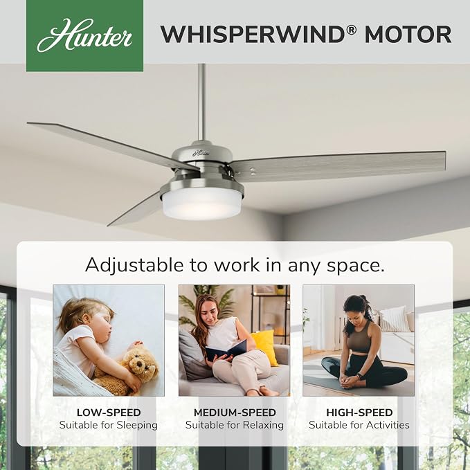Hunter 60 inch Indoor Ceiling Fan with LED Light and Remote Control - Standard Mount Ceiling Fan, 3 Blades, For Bedroom or Living Room - Sentinel 59459, Brushed Nickel