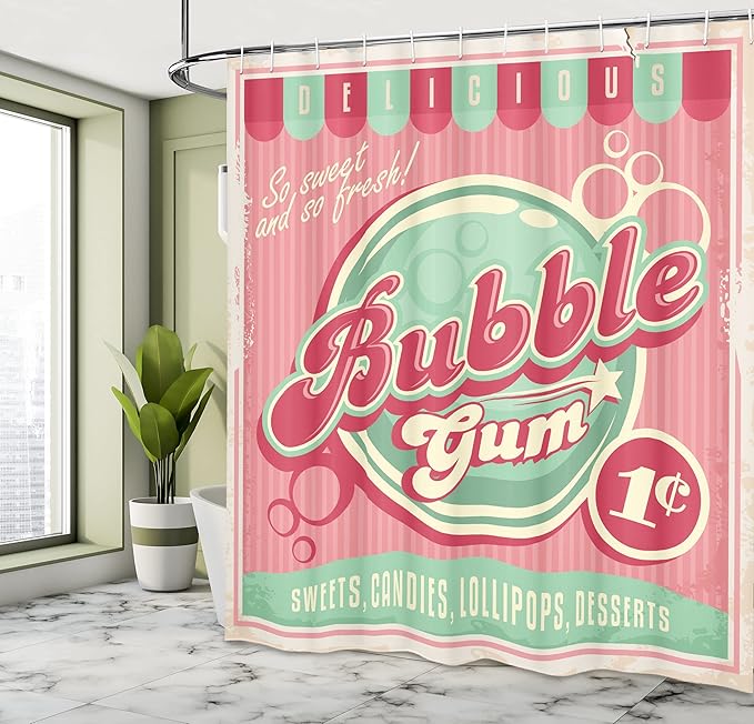 Ambesonne 1950s Shower Curtain, Bubble Gum Tasty Candy Lollipop Sugar Advertise Poster Style, Cloth Fabric Bathroom Decor Set with Hooks, 69" W x 84" L, Pink Magenta