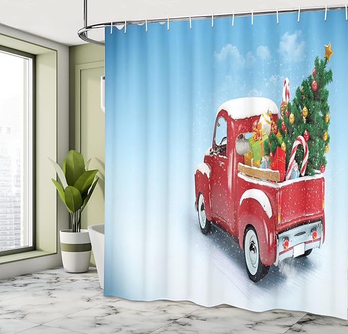 Ambesonne Christmas Shower Curtain, Classical Pickup Truck Tree Gifts and Ornaments Snowy Winter Day Image Print, Cloth Fabric Bathroom Decor Set with Hooks, 69" W x 84" L, Red Blue