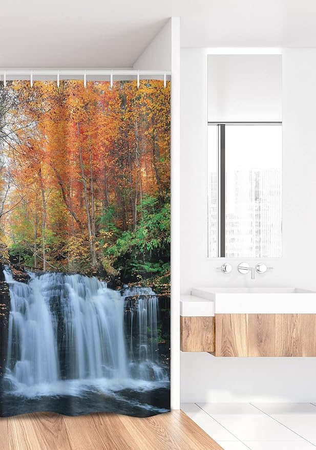 Ambesonne Waterfall Stall Shower Curtain, Waterfalls in Autumn Season Nature Park with Colorful Foliage Trees, Fabric Bathroom Decor Set with Hooks, 36" W x 72" L, Brown Orange
