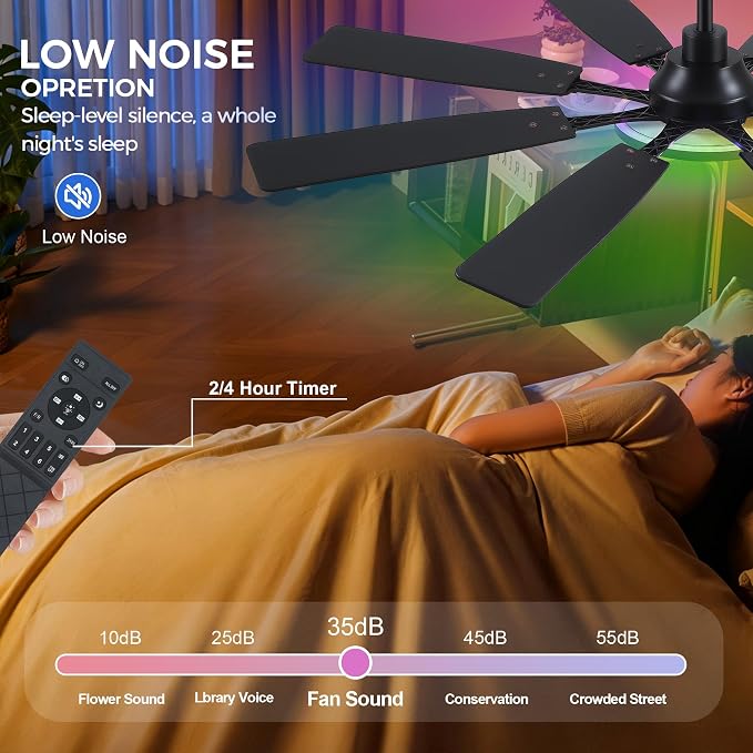 Ceiling Fan With Light & Remote Indoor/Outdoor Use 60 Inch RGB Black | Remote Control,RGB Dimmable,Reversible DC Motor,3CCT,Timer,Noiseless,Ceiling Fan for Bedroom Living Room