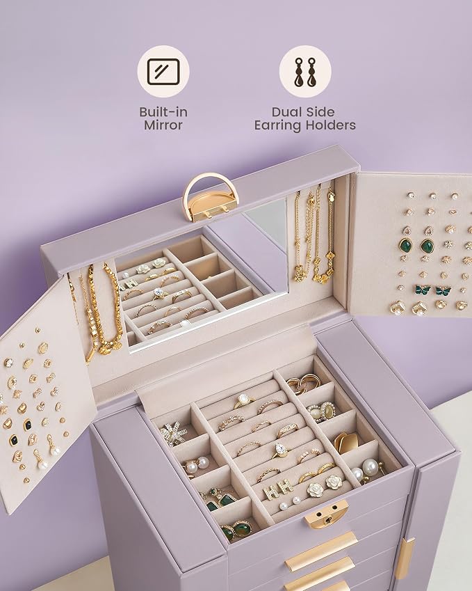Lolalet Large Jewelry Box Organizer for Women, 6-Layer Jewelry Organizers and Storage Case with Mirror & 5 Drawers, Lockable Watch Ring Earring Bracelet Necklace Holder Girls Gift -6Layer, HazePurple
