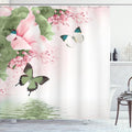 Ambesonne Floral Shower Curtain, Nature Theme Wild Flowers Monarch Flying Butterflies Lily on Lake Therapy Spa, Cloth Fabric Bathroom Decor Set with Hooks, 69" W x 70" L, Pistachio Green