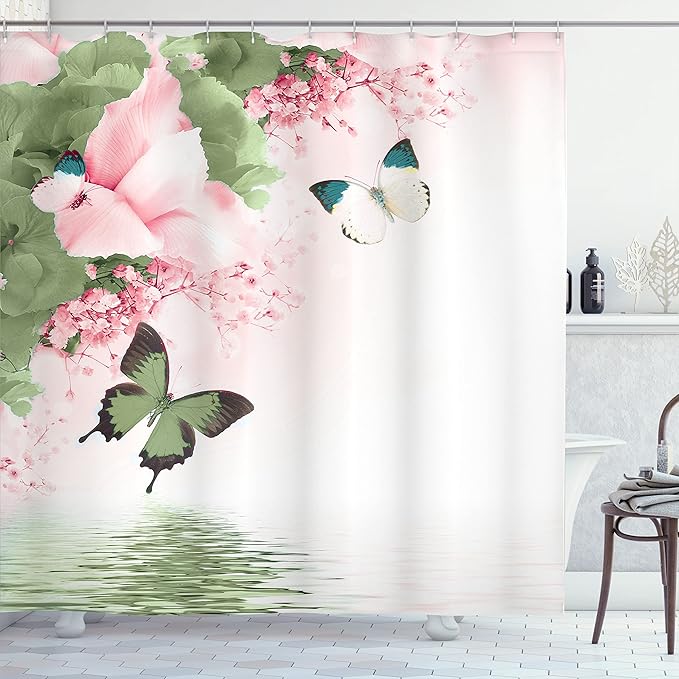 Ambesonne Floral Shower Curtain, Nature Theme Wild Flowers Monarch Flying Butterflies Lily on Lake Therapy Spa, Cloth Fabric Bathroom Decor Set with Hooks, 69" W x 70" L, Pistachio Green