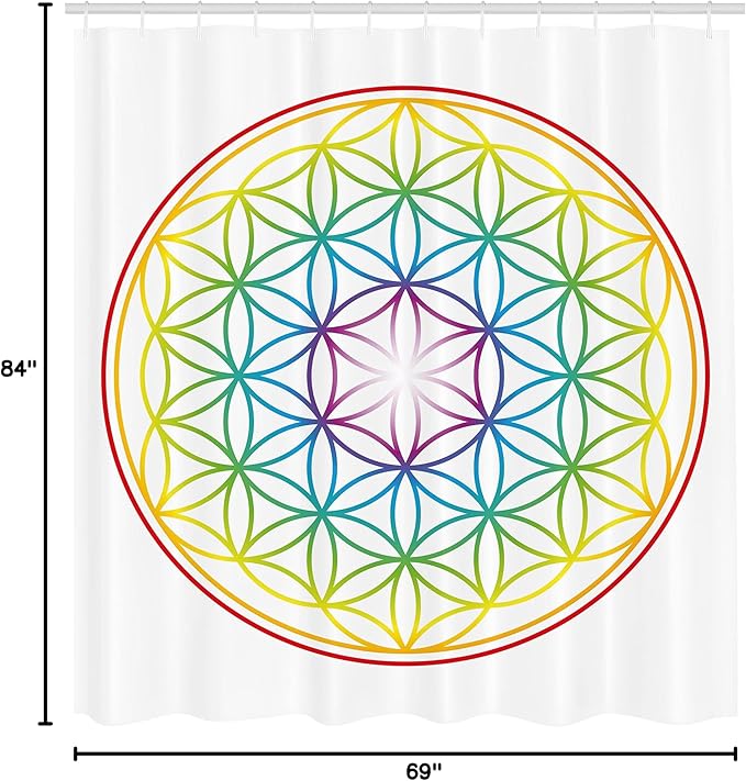 Ambesonne Colorful Shower Curtain, Flower of Life Pattern Radiant Colors Cosmic Dimension Space Forms Print, Cloth Fabric Bathroom Decor Set with Hooks, 69" W x 84" L, White Plum Earth Yellow