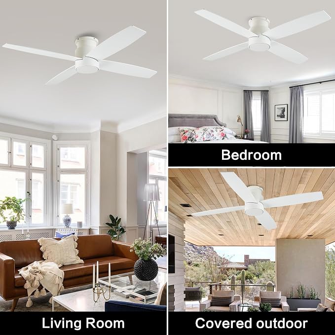 WINGBO 52" Flush Mount DC Ceiling Fan without Lights, 4 Reversible Blades, Ultra Quiet 6-Speed DC Motor, Hugger Low Profile Indoor Ceiling Fan No Lights, White Finish