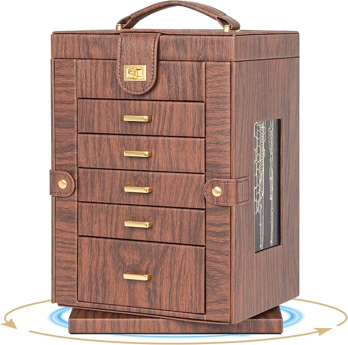AKOZLIN 6-Tier Jewelry Box Organizer Functional 5 Drawers Leather Jewelry Storage Case for Women Girls Ring Necklace Earring Bracelet Holder Organizer with Mirror Red 360° Rotating