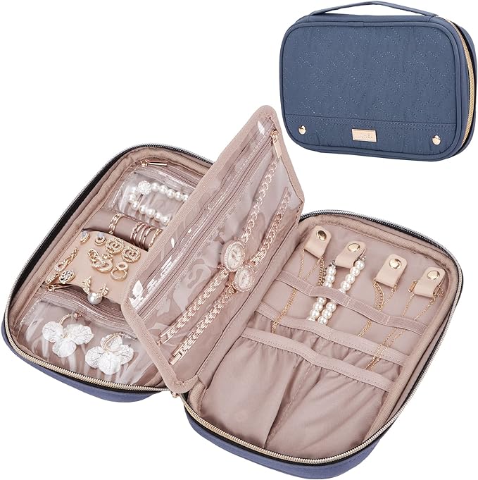 NISHEL Travel Jewelry Case Organizer, Tangle-Free Necklace Storage Bag | Stores rings, earrings, bracelets and watches in a compact case for travel and daily use, Aegean-Blue, Medium