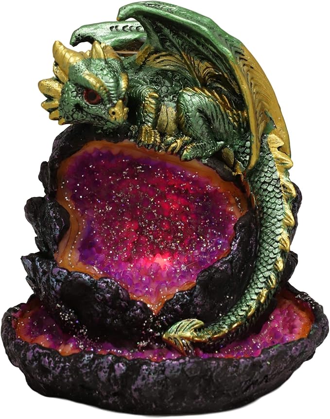 Ebros 5.5" Tall Andromeda Galaxy Wyrmling Dragon On Crystal Geode Rock Backflow Incense Cone Burner Statue with LED Night Light Dungeons Dragons Fantasy Decor Accent