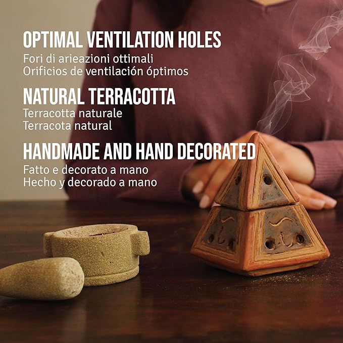 PALOSANTO - Palo Santo Incense Holder - Pyramid - Incense Burner in Terracotta - Suitable for Cones, Grains, Powder, Resins, Herbs and Charcoals - Handmade in Ecuador