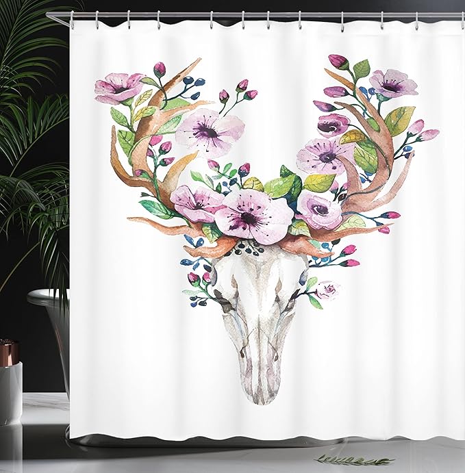Ambesonne Skull Shower Curtain, Deer Animal Skull with Floral Horns Nature Inspired Dead and Living Art Print, Cloth Fabric Bathroom Decor Set with Hooks, 69" W x 70" L, Brown Purple