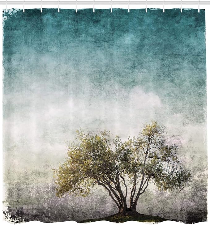 Ambesonne Tree of Life Shower Curtain, Grunge Landscape with Single Tree and Retro Background Rustic Print, Cloth Fabric Bathroom Decor Set with Hooks, 69" W x 84" L, Cream Green
