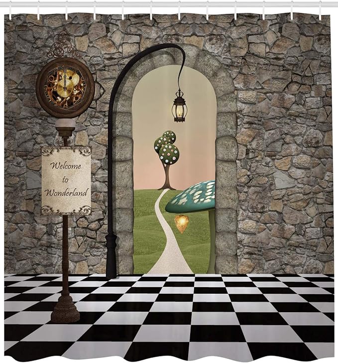 Ambesonne Alice in Wonderland Shower Curtain, Welcome Wonderland Black and White Floor Landscape Mushroom Print, Cloth Fabric Bathroom Decor Set with Hooks, 69" W x 75" L, Black Green